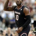 South Carolina's Duane Notice (10) reacts to a 3-point basket during the first half in the semifinals of the Final Four NCAA college basketball tournament against Gonzaga, Saturday, April 1, 2017, in Glendale, Ariz. (AP Photo/David J. Phillip)