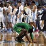 Oregon's Dylan Ennis reacts after the semifinals of the Final Four NCAA college basketball tournament against North Carolina, Saturday, April 1, 2017, in Glendale, Ariz. North Carolina won 77-76. (AP Photo/Charlie Neibergall)