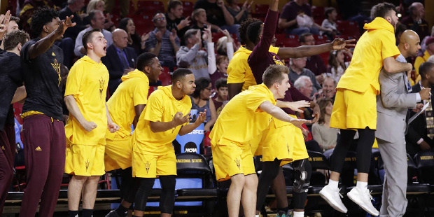 Arizona State players cheer during the first half of an NCAA college basketball game against Stanfo...