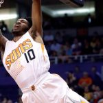Phoenix Suns forward Derrick Jones Jr. (10) dunks against the Los Angeles Lakers during the second half of an NBA basketball game, Thursday, March 9, 2017, in Phoenix. (AP Photo/Matt York)