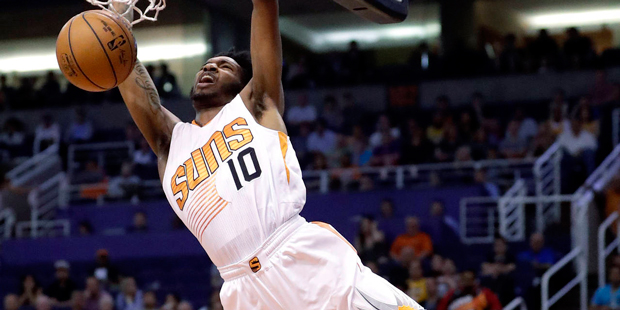 Phoenix Suns forward Derrick Jones Jr. (10) dunks against the Los Angeles Lakers during the second ...
