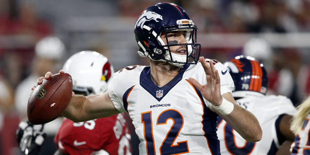 Denver Broncos quarterback Paxton Lynch (12) throws against the Arizona Cardinals during the first ...