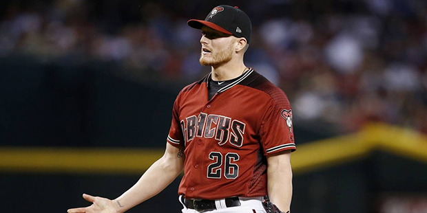 Arizona Diamondbacks' Shelby Miller argues a pitch during the fifth inning of a baseball game again...