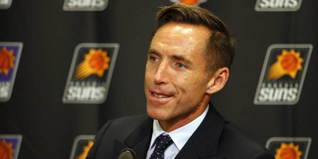 Two-time NBA most valuable player Steve Nash addresses the media prior to an NBA basketball game be...
