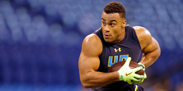 Stanford defensive end Solomon Thomas runs a drill at the NFL football scouting combine in Indianap...