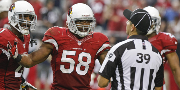 Arizona Cardinals linebacker Daryl Washington (58) argues with an official during the second half o...