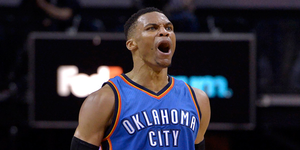 Oklahoma City Thunder guard Russell Westbrook reacts in the second half of the team's NBA basketbal...