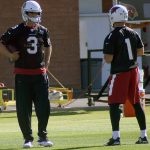 QBs Carson Palmer and Trevor Knight during an OTA practice May 24. (Photo by Adam Green/Arizona Sports)