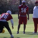 LB Karlos Dansby watches as LB Kareem Martin goes through a drill during an OTA practice May 24. (Photo by Adam Green/Arizona Sports)