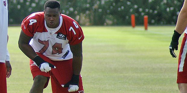 Arizona Cardinals tackle D.J. Humphries participates in the first day of team OTAs in Tempe, Ariz. ...