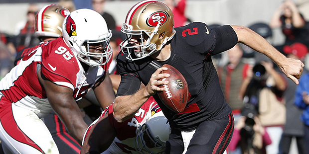 San Francisco 49ers quarterback Blaine Gabbert (2) scrambles against the Arizona Cardinals during t...