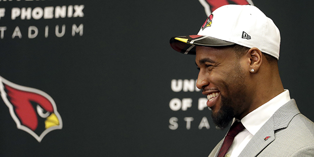 Arizona Cardinals' first-round draft pick Haason Reddick waits to speak while being introduced at t...
