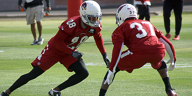 Cornerback Justin Bethel tries to run past Jumal Rolle during an OTA practice May 16. (Photo by Ada...