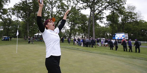 Arizona State's Monica Vaughn yells at her teammates coming back from the back nine after they won ...