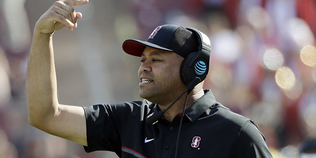 Stanford head coach David Shaw directs his team against Oregon State during the first half of an NC...