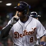 Detroit Tigers Justin Upton gestures after hitting a solo home run against the Arizona Diamondbacks during the eighth inning of a baseball game, Tuesday, May 9, 2017, in Phoenix. (AP Photo/Matt York)