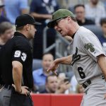Oakland Athletics manager Bob Melvin (6) argues with umpire Will Little after being ejected from the game during the eighth inning of a baseball game against the New York Yankees Saturday, May 27, 2017, in New York. (AP Photo/Frank Franklin II)