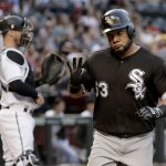 Chicago White Sox Melky Cabrera (53) gesture after hitting a solo home run against the Arizona Diamondbacks during the second inning of a baseball game, Tuesday, May 23, 2017, in Phoenix. (AP Photo/Matt York)