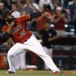 Arizona Diamondbacks' Fernando Rodney celebrates after the final out in the ninth inning of a baseball game against the Chicago White Sox Wednesday, May 24, 2017, in Phoenix. The Diamondbacks defeated the White Sox 8-6. (AP Photo/Ross D. Franklin)