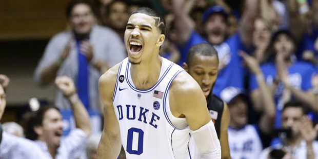 FILE - In this Jan. 21, 2017 file photo, Duke's Jayson Tatum (0) reacts following a basket against ...