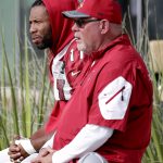 Arizona Cardinals head coach Bruce Arians and Larry Fitzgerald watch players during an NFL football organized team activity, Tuesday, May 30, 2017, at the Cardinals' training facility in Tempe, Ariz. (AP Photo/Matt York)