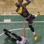 Cleveland Cavaliers forward LeBron James (23) shoots over Boston Celtics forward Gerald Green (30) during first half of Game 2 of the NBA basketball Eastern Conference finals, Friday, May 19, 2017, in Boston. (AP Photo/Elise Amendola)
