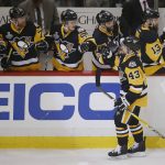 Pittsburgh Penguins' Conor Sheary (43) celebrates his goal against the Nashville Predators with teammates on the bench during the first period in Game 1 of the NHL hockey Stanley Cup Final, Monday, May 29, 2017, in Pittsburgh. (AP Photo/Gene J. Puskar)