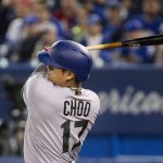 Texas Rangers designated hitter Shin-Soo Choo grounds out to first base against the Toronto Blue Jays during the third inning of a baseball game in Toronto on Saturday, May 27, 2017. (Chris Young/The Canadian Press via AP)