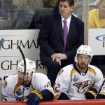 Nashville Predators head coach Peter Laviolette, rear, Cody McLeod, left, and Frederick Gaudreau, react during the third period in Game 1 of the NHL hockey Stanley Cup Finals against the Pittsburgh Penguins, Monday, May 29, 2017, in Pittsburgh. (AP Photo/Gene J. Puskar)