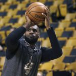 Cleveland Cavaliers forward LeBron James warms up before Game 2 of the NBA basketball Eastern Conference finals against the Boston Celtics, Friday, May 19, 2017, in Boston. (AP Photo/Elise Amendola)