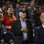 Sen. John McCain, R-Ariz., puts his hand over his heart as "God Bless America" is played during a break in the seventh inning of a baseball game between the Washington Nationals and Arizona Diamondbacks in Washington, Wednesday, May 3, 2017. The Nationals won 3-2. (AP Photo/Manuel Balce Ceneta)