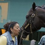 Hot walker Patricia Campos kisses Kentucky Derby winner and Preakness Stakes favorite Always Dreaming during a morning bath at Pimlico Race Course in Baltimore, Saturday, May 20, 2017. (AP Photo/Garry Jones)