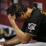 Pittsburgh Pirates' Tyler Glasnow sits in the dugout after being pulled from a baseball game after giving up seven runs against the Arizona Diamondbacks during the third inning Friday, May 12, 2017, in Phoenix. (AP Photo/Ross D. Franklin)