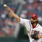 Washington Nationals starting pitcher Tanner Roark throws during the first inning of the team's baseball game against the Arizona Diamondbacks, Tuesday, May 2, 2017, in Washington. (AP Photo/Nick Wass)