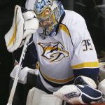 Nashville Predators goalie Pekka Rinne reacts to an empty-net goal by the Pittsburgh Penguins during the third period in Game 1 of the NHL hockey Stanley Cup Finals, Monday, May 29, 2017, in Pittsburgh. (AP Photo/Gene J. Puskar)