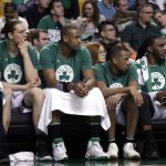 Boston Celtics players, from left, Amir Johnson, Kelly Olynyk, Al Horford, Avery Bradley and Jae Crowder watch from the bench during the second half of Game 2 of the NBA basketball Eastern Conference finals against the Cleveland Cavaliers, Friday, May 19, 2017, in Boston. (AP Photo/Elise Amendola)