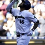 Milwaukee Brewers' Domingo Santana reacts after he hit a grand-slam against the Arizona Diamondbacks during the fourth inning of a baseball game Sunday, May 28, 2017, in Milwaukee. (AP Photo/Jeffrey Phelps)