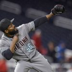 Arizona Diamondbacks relief pitcher Fernando Rodney gestures at the end of the team's baseball game against the Washington Nationals, Tuesday, May 2, 2017, in Washington. The Diamondbacks won 6-3. (AP Photo/Nick Wass)