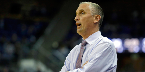 Arizona State coach Bobby Hurley calls to his team during the first half of an NCAA college basketb...