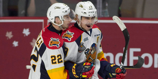 Erie Otters centre Anthony Cirelli (left) congratulates Dylan Strome on his goal during second peri...