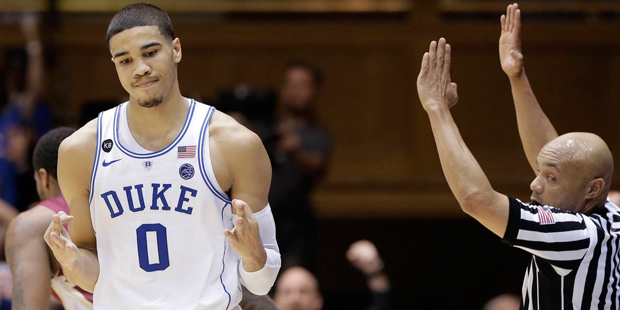 Duke's Jayson Tatum (0) reacts following a 3-point basket against Florida State during the first ha...