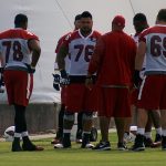 Offensive coordinator Harold Goodwin instructs his offensive line during an OTA practice June 1. (Photo by Adam Green/Arizona Sports)