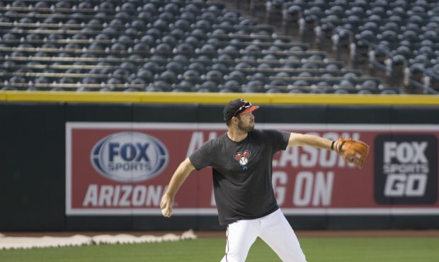 J.J. Hoover warming up in the outfield at Chase Field prior to the Diamondbacks game on Wednesday, ...
