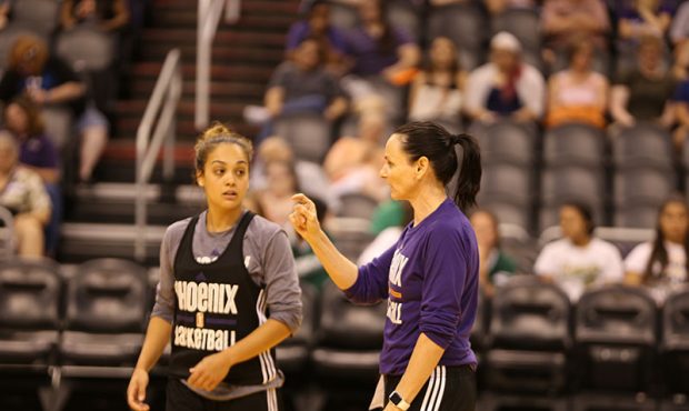 Sandy Brondello (right) talks to guard Leilani Mitchell (left) during practice on May 25, 2017. Aus...