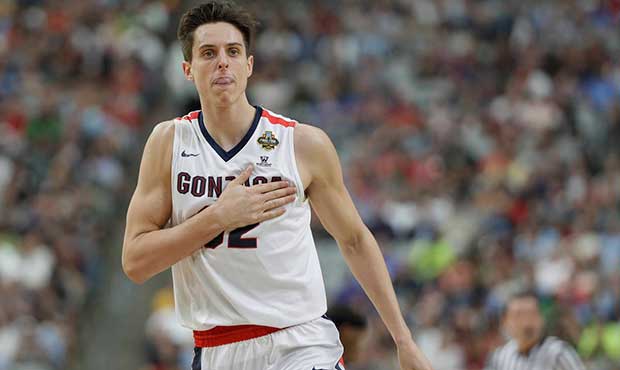 Gonzaga's Zach Collins reacts during the first half in the semifinals of the Final Four NCAA colleg...