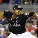 Miami Marlins' Edinson Volquez delivers a pitch during the ninth inning of a baseball game against the Arizona Diamondbacks, Saturday, June 3, 2017, in Miami. (AP Photo/Wilfredo Lee)