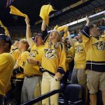 Nashville Predators fans cheer after a goal against the Pittsburgh Penguins during the second period in Game 4 of the NHL hockey Stanley Cup Finals Monday, June 5, 2017, in Nashville, Tenn. (AP Photo/Mark Humphrey)