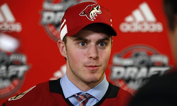 Michael Karow talks to media after being selected by the Arizona Coyotes during the fifth round of ...