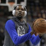 Golden State Warriors forward Kevin Durant warms up before Game 4 of the basketball team's NBA Finals against the Cleveland Cavaliers in Cleveland, Friday, June 9, 2017. (AP Photo/Tony Dejak)