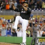 Miami Marlins starting pitcher Edinson Volquez celebrates after throwing a no-hitter as the Marlins defeated the Arizona Diamondbacks 3-0 during a baseball game, Saturday, June 3, 2017, in Miami. (AP Photo/Wilfredo Lee)